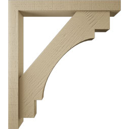 Ekena Millwork - BKTUR0352X28X32MRC05RCPR - Timberthane Faux Wood Merced Style Bracket w/ Offset Brace, Block Ends, 3 1/2"W x 28"D x 32"H, Primed Tan