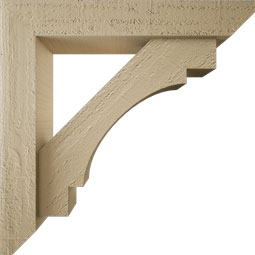 Ekena Millwork - BKTUR0352X18X18MRC06RCPR - Timberthane Faux Wood Merced Style Bracket w/ Offset Brace, Slat Ends, 3 1/2"W x 18"D x 18"H, Primed Tan