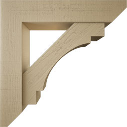 Ekena Millwork - BKTUR0756X38X38MRC06RCPR - Timberthane Faux Wood Merced Style Bracket w/ Offset Brace, Slat Ends, 7 1/2"W x 38"D x 38"H, Primed Tan