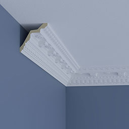Ekena Millwork - MLD03X03X05EL - Endurathane Elijah Crown Moulding, 3 3/8"H x 3 3/8"P x 4 1/2"F x 96"L, Factory Primed