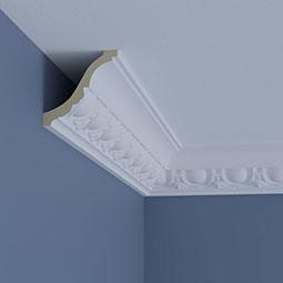 Ekena Millwork - MLD04X04X06VA - Endurathane Vanessa Crown Moulding, 4"H x 4"P x 5 5/8"F x 96"L, Factory Primed