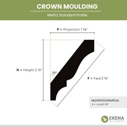 Ekena Millwork - MLDWWM52 - WM52 2 1/4"H x 1 1 5/8"P x 2 3/4"F x 96"L Americraft Solid Hardwood Stain Grade Crown Moulding