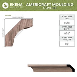 Ekena Millwork - MLDWWM86 - WM86 9/16"D x 1 5/8"W x 96"L Americraft Solid Hardwood Stain Grade Cove Moulding