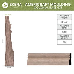 Ekena Millwork - MLDWWM631 - WM631 9/16"D x 3 1/4"W x 96"L Americraft Solid Hardwood Stain Grade Colonial Baseboard Moulding