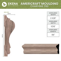 Ekena Millwork - MLDWWM390 - WM390 11/16"D x 2 5/8"W x 96"L Americraft Solid Hardwood Stain Grade Chair Rail Moulding