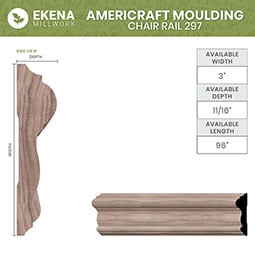 Ekena Millwork - MLDWWM297 - WM297 11/16"D x 3"W x 96"L Americraft Solid Hardwood Stain Grade Chair Rail Moulding