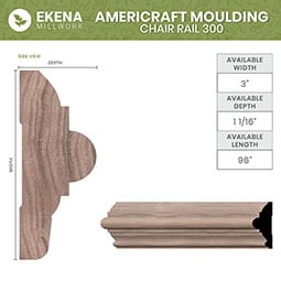Ekena Millwork - MLDWWM300 - WM300 1 1/16"D x 3"W x 96"L Americraft Solid Hardwood Stain Grade Chair Rail Moulding