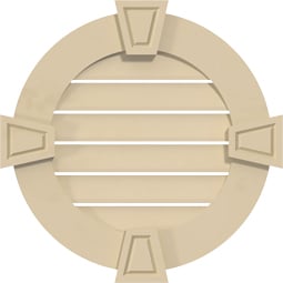 Ekena Millwork - GVSRO01KA - Signature Urethane Round Surface Mount Gable Vent Standard Frame With Decorative Keystone Primed Tan