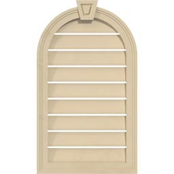 Ekena Millwork - GVSRT02KA - Signature Urethane Round Top Surface Mount Gable Vent Brickmould Frame With Decorative Keystone Primed Tan