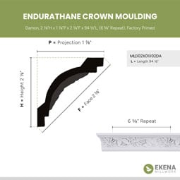 Ekena Millwork - MLD02X01X02DA - Endurathane Damon Crown Moulding, 2 1/8"H x 1 7/8"P x 2 7/8"F x 94 1/2"L, (6 3/8" Repeat), Factory Primed