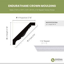 Ekena Millwork - MLD02X02X03NA - Endurathane Nadia Crown Moulding, 2 3/8"H x 2 3/8"P x 3 1/4"F x 94 1/2"L, (1 1/2" Repeat), Factory Primed