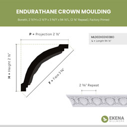 Ekena Millwork - MLD02X02X03BO - Endurathane Bonetti Crown Moulding, 2 1/2"H x 2 1/2"P x 3 5/8"F x 94 1/2"L, (2 3/4" Repeat), Factory Primed