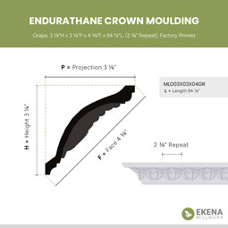 Ekena Millwork - MLD03X03X04GR - Endurathane Grape Crown Moulding, 3 1/8"H x 3 1/8"P x 4 3/8"F x 94 1/2"L, (2 3/4" Repeat), Factory Primed