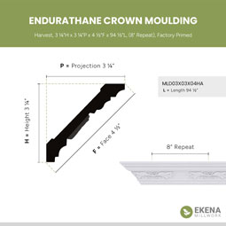 Ekena Millwork - MLD03X03X04HA - Endurathane Harvest Crown Moulding, 3 1/4"H x 3 1/4"P x 4 1/2"F x 94 1/2"L, (8" Repeat), Factory Primed