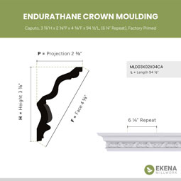 Ekena Millwork - MLD03X02X04CA - Endurathane Caputo Crown Moulding, 3 7/8"H x 2 3/8"P x 4 5/8"F x 94 1/2"L, (6 1/4" Repeat), Factory Primed