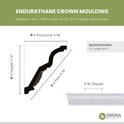 Ekena Millwork - MLD03X03X04DH - Endurathane Dauphine Crown Moulding, 3 1/2"H x 3 3/8"P x 4 7/8"F x 94 1/2"L, (5 3/8" Repeat), Factory Primed