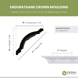 Ekena Millwork - MLD03X03X04VE - Endurathane Versailles Crown Moulding, 3 3/8"H x 3 1/2"P x 4 7/8"F x 94 1/2"L, (8" Repeat), Factory Primed