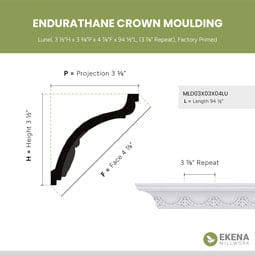 Ekena Millwork - MLD03X03X04LU - Endurathane Lunel Crown Moulding, 3 1/2"H x 3 3/8"P x 4 7/8"F x 94 1/2"L, (3 7/8" Repeat), Factory Primed