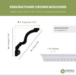 Ekena Millwork - MLD03X03X04AS - Endurathane Ashford Crown Moulding, 3 5/8"H x 3 1/8"P x 4 7/8"F x 94 1/2"L, (1 7/8" Repeat), Factory Primed
