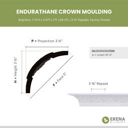Ekena Millwork - MLD03X03X05BR - Endurathane Brightton Crown Moulding, 3 1/2"H x 3 1/2"P x 5"F x 94 1/2"L, (3 3/4" Repeat), Factory Primed