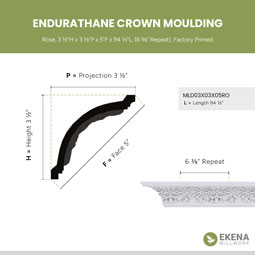 Ekena Millwork - MLD03X03X05RO - Endurathane Rose Crown Moulding, 3 1/2"H x 3 1/2"P x 5"F x 94 1/2"L, (6 3/8" Repeat), Factory Primed