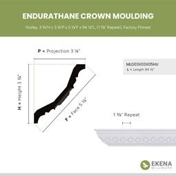 Ekena Millwork - MLD03X03X05HU - Endurathane Hurley Crown Moulding, 3 3/4"H x 3 1/4"P x 5 1/8"F x 94 1/2"L, (1 5/8" Repeat), Factory Primed
