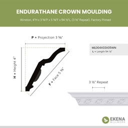 Ekena Millwork - MLD04X03X05WN - Endurathane Winston Crown Moulding, 4"H x 3 5/8"P x 5 3/8"F x 94 1/2"L, (3 1/2" Repeat), Factory Primed