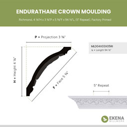 Ekena Millwork - MLD04X03X05RI - Endurathane Richmond Crown Moulding, 4 1/8"H x 3 3/4"P x 5 3/8"F x 94 1/2"L, (5" Repeat), Factory Primed