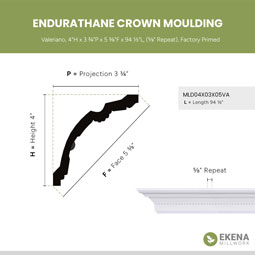 Ekena Millwork - MLD04X03X05VA - Endurathane Valeriano Crown Moulding, 4"H x 3 3/4"P x 5 3/8"F x 94 1/2"L, (5/8" Repeat), Factory Primed
