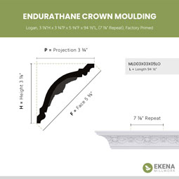 Ekena Millwork - MLD03X03X05LO - Endurathane Logan Crown Moulding, 3 7/8"H x 3 3/4"P x 5 3/8"F x 94 1/2"L, (7 7/8" Repeat), Factory Primed