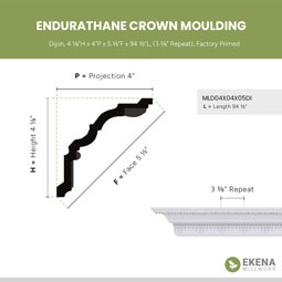 Ekena Millwork - MLD04X04X05DI - Endurathane Dijon Crown Moulding, 4 1/8"H x 4"P x 5 1/2"F x 94 1/2"L, (3 3/8" Repeat), Factory Primed