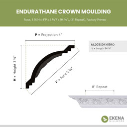 Ekena Millwork - MLD03X04X05RO - Endurathane Rose Crown Moulding, 3 7/8"H x 4"P x 5 5/8"F x 94 1/2"L, (8" Repeat), Factory Primed