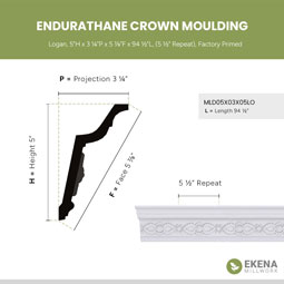 Ekena Millwork - MLD05X03X05LO - Endurathane Logan Crown Moulding, 5"H x 3 1/4"P x 5 7/8"F x 94 1/2"L, (5 1/2" Repeat), Factory Primed