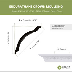 Ekena Millwork - MLD04X04X05SY - Endurathane Sydney Crown Moulding, 4 1/4"H x 4 1/8"P x 5 7/8"F x 94 1/2"L, (8" Repeat), Factory Primed