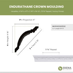 Ekena Millwork - MLD04X04X06VE - Endurathane Versailles Crown Moulding, 4 3/8"H x 4"P x 5 7/8"F x 94 1/2"L, (9 5/8" Repeat), Factory Primed
