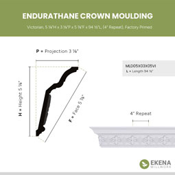 Ekena Millwork - MLD05X03X05VI - Endurathane Victorian Crown Moulding, 5 1/8"H x 3 1/8"P x 5 7/8"F x 94 1/2"L, (4" Repeat), Factory Primed