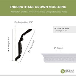 Ekena Millwork - MLD05X03X06WA - Endurathane Washington Crown Moulding, 5 3/4"H x 3 1/8"P x 6 1/2"F x 94 1/2"L, (2" Repeat), Factory Primed