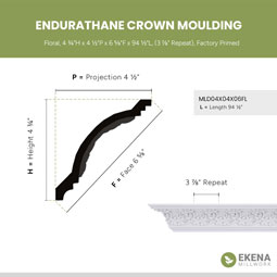 Ekena Millwork - MLD04X04X06FL - Endurathane Floral Crown Moulding, 4 3/4"H x 4 1/2"P x 6 5/8"F x 94 1/2"L, (3 7/8" Repeat), Factory Primed