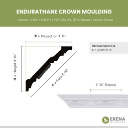Ekena Millwork - MLD04X04X06HA - Endurathane Harvest Crown Moulding, 4 5/8"H x 4 3/4"P x 6 5/8"F x 94 1/2"L, (11 3/4" Repeat), Factory Primed