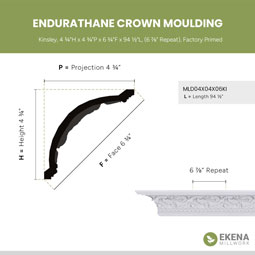 Ekena Millwork - MLD04X04X06KI - Endurathane Kinsley Crown Moulding, 4 3/4"H x 4 3/4"P x 6 3/4"F x 94 1/2"L, (6 7/8" Repeat), Factory Primed