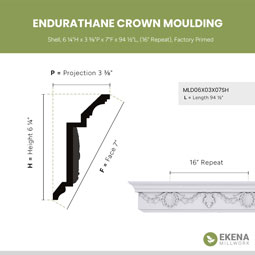 Ekena Millwork - MLD06X03X07SH - Endurathane Shell Crown Moulding, 6 1/4"H x 3 3/8"P x 7"F x 94 1/2"L, (16" Repeat), Factory Primed