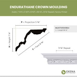 Ekena Millwork - MLD07X05X08DU - Endurathane Dublin Crown Moulding, 7 1/4"H x 5 3/8"P x 8 5/8"F x 94 1/2"L, (9 5/8" Repeat), Factory Primed