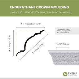 Ekena Millwork - MLD17X16X23NO - Endurathane Norwich Crown Moulding, 17 3/4"H x 16 1/8"P x 23 7/8"F x 94 1/2"L, (16 3/8" Repeat), Factory Primed