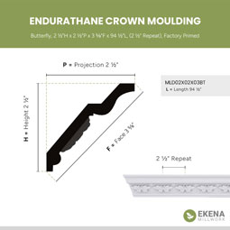 Ekena Millwork - MLD02X02X03BT - Endurathane Butterfly Crown Moulding, 2 1/2"H x 2 1/2"P x 3 5/8"F x 94 1/2"L, (2 1/2" Repeat), Factory Primed