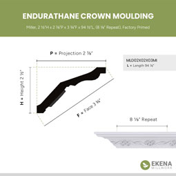 Ekena Millwork - MLD02X02X03MI - Endurathane Miller Crown Moulding, 2 1/2"H x 2 7/8"P x 3 3/4"F x 94 1/2"L, (8 1/8" Repeat), Factory Primed