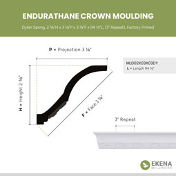Ekena Millwork - MLD02X03X03DY - Endurathane Dylan Spring Crown Moulding, 2 5/8"H x 3 1/8"P x 3 7/8"F x 94 1/2"L, (3" Repeat), Factory Primed