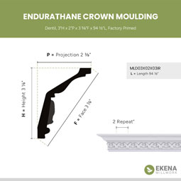 Ekena Millwork - MLD03X02X03IR - Endurathane Irwin Crown Moulding, 3 1/8"H x 2 3/8"P x 3 7/8"F x 94 1/2"L, (2" Repeat), Factory Primed