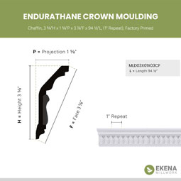 Ekena Millwork - MLD03X01X03CF - Endurathane Chaffin Crown Moulding, 3 5/8"H x 1 5/8"P x 3 7/8"F x 94 1/2"L, (1" Repeat), Factory Primed