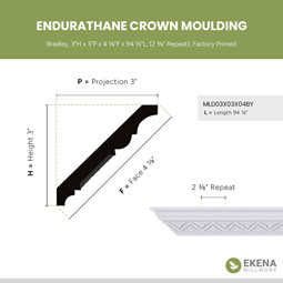 Ekena Millwork - MLD03X03X04BY - Endurathane Bradley Crown Moulding, 3"H x 3"P x 4 1/8"F x 94 1/2"L, (2 3/8" Repeat), Factory Primed