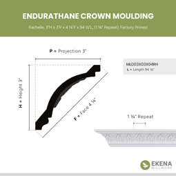 Ekena Millwork - MLD03X03X04RH - Endurathane Rachelle Crown Moulding, 3"H x 3"P x 4 1/4"F x 94 1/2"L, (1 3/4" Repeat), Factory Primed